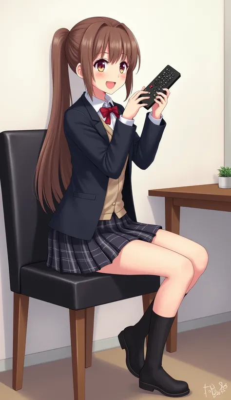 An anime-style illustration of a teenage woman sitting on a black leather dining chair and backrest with wooden legs. She wears a school uniform that includes a dark jacket and a plaid skirt., while holding a black television remote control in her hands at...