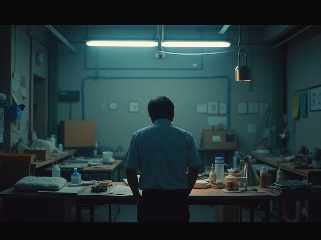 An unmotivated Japanese man working in a town factory。Dimly lit workshop。Lonely。