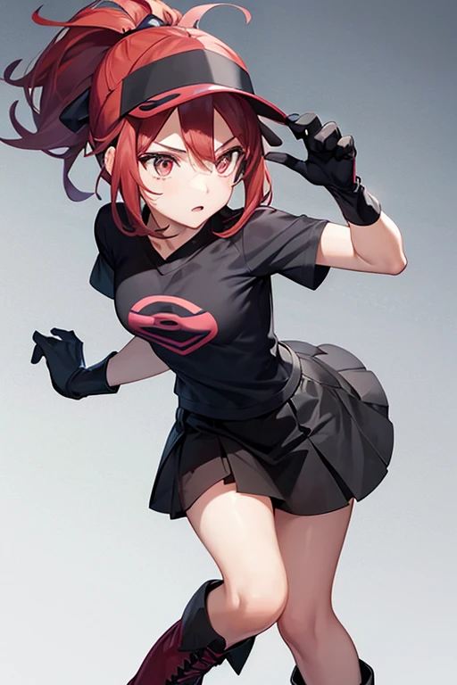 1 girl, Pokémon logo in shirt ,black shirt,  black knuckle-free gloves , red hair with twin ponytail style hairstyle, short black skirt , black boots.