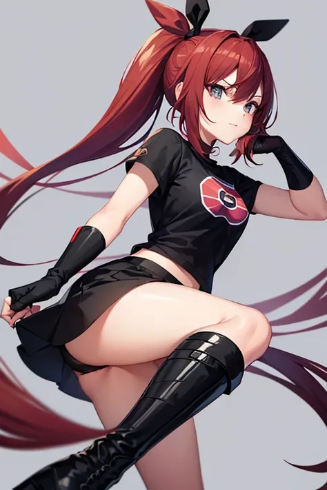 1 girl, Pokémon logo in shirt ,black shirt,  black knuckle-free gloves , red hair with twin ponytail style hairstyle, short black skirt , black boots.