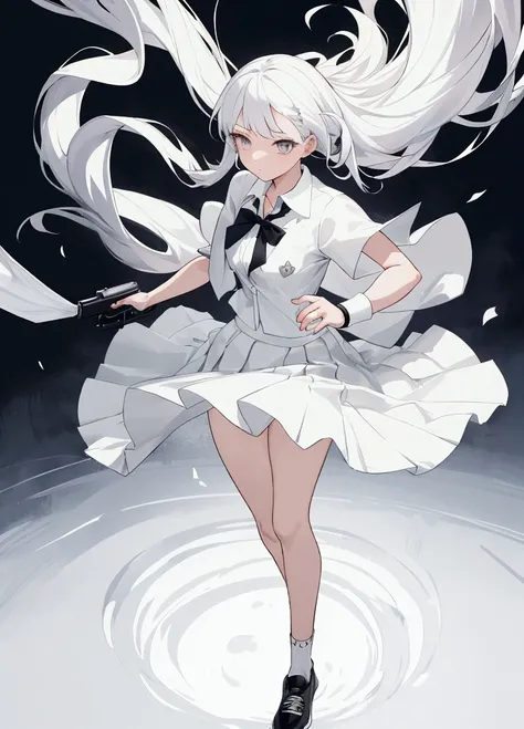 a young girl holding a gun, full body shot, full body, no background, realistic clothes, white tennis skirt, white short shirt, black tie, black shoes, flowing long hair, dynamic pose, gacha game illustration, combat magical girl