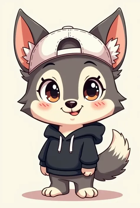 a cute cartoon wolf looking at the camera wearing a white cap facing backwards and a black hoodie, Chibi Drawing
