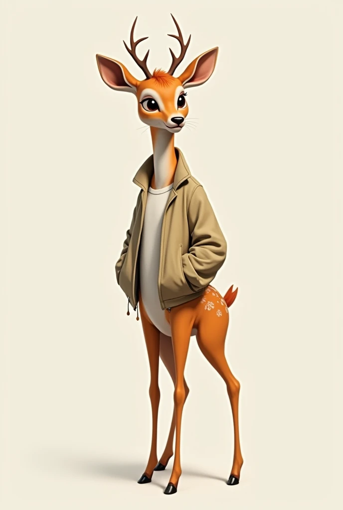  A semi-realistic drawing of an anthropomorphic male deer,  slim body,  narrow waist, pastel orange fur and human clothing 