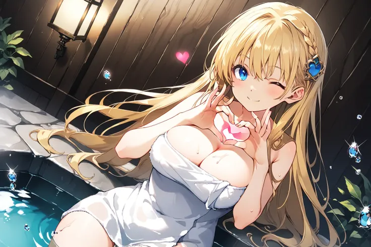 masterpiece, best quality, absurdres, ultra-detailed, very aesthetic, key visual, angelica_knight, 1girl, solo, long hair, blue eyes, bangs, blonde hair, braid, large breasts, cleavage, hair ornament, (loli), naked towel, smile, closed mouth, ((water drop)...