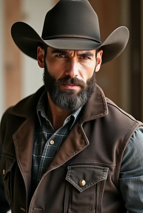  A striking looking man ,  wearing a cowboy hat that adds a rustic touch your .  A full and well-groomed beard shapes his defined jaw ,  style while the wide-brimmed hat creates a subtle shadow over your eyes Intense,  giving a mysterious air .

 He wears ...