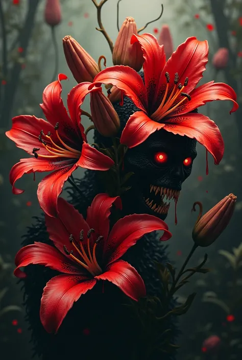 Blooming carnage,red lilies with mouths and fangs, and a demon