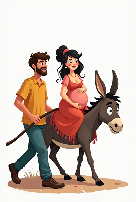 Jose pulling a donkey and pregnant Maria sitting on the donkey.  transparent background.  comic style