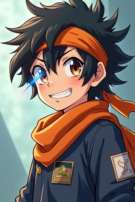 A 14-year-old boy with fair skin, messy black hair, brown eyes, an orange bandana on his head and a blue ray as an accessory on the left side of his face, medium size with the uniform of the Raimon Institute.