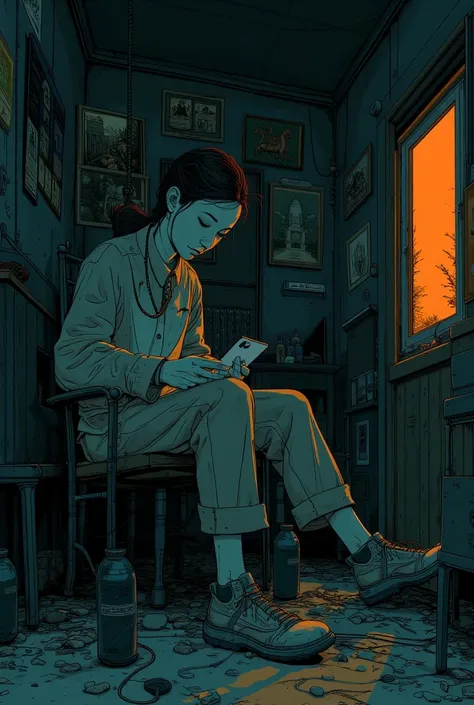  someone is holding a  iPhone in their hands in a dark room、 Messy Room、chair、window、Reusch、Stylized Paintings 、Speed Painting、Digital painting inspired by the painting of a woman on a black background in a 、 Lovecraft atmosphere 、Low quality image 、 cinem...