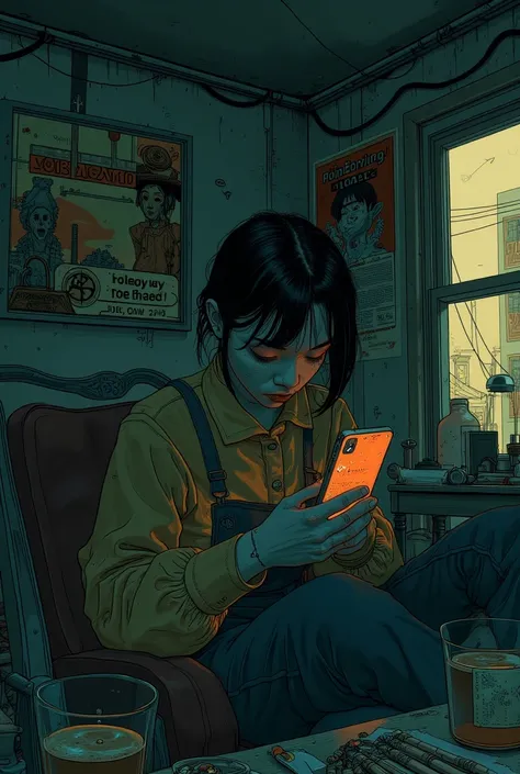  someone is holding a  iPhone in their hands in a dark room、 Messy Room、chair、window、Reusch、Stylized Paintings 、Speed Painting、Digital painting inspired by the painting of a woman on a black background in a 、 Lovecraft atmosphere 、Low quality image 、 cinem...