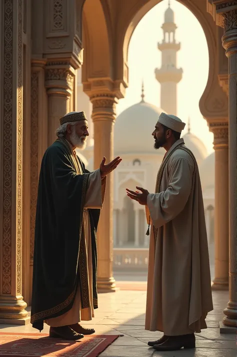 Outside the mosque, the Imam is explaining the importance of religious education and morality to the man.