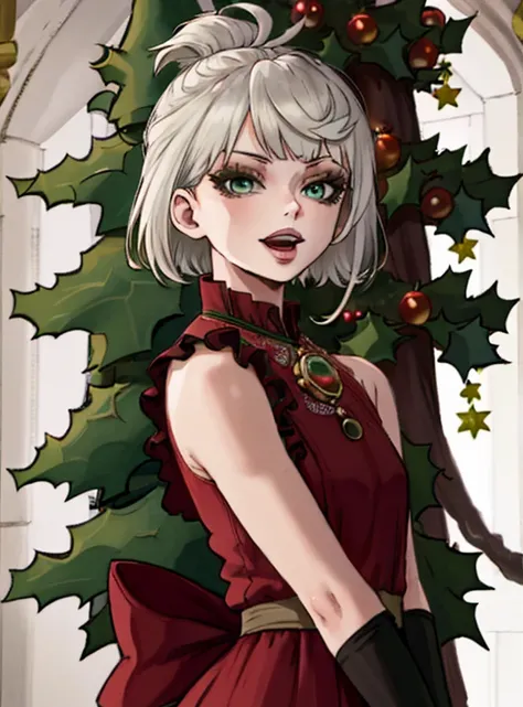 {red and green and black theme, Christmas theme}, 1girl, solo, dress, short hair, (upper body:1.3), white hair, black and red frilled dress, pantyhose, smile, bow, blunt bangs, open mouth, red footwear, puffy sleeves,  red bow, christmas,  flower, hair orn...