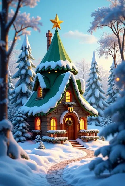 " A charming house shaped like a Christmas tree. A snow-covered forest surrounds the scene ,  in the magical environment ."
 Disney and Pixar Ultra HD style ,  high resolution , 