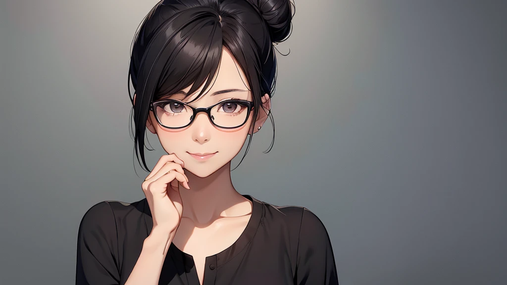 Forty year old woman, solo, Asian, short black hair in a bun, brown eyes, porcelain skin, mature face, wearing a black blouse, eyeglasses, looking at viewer, standing, shy smile, blushing, plain gray background
