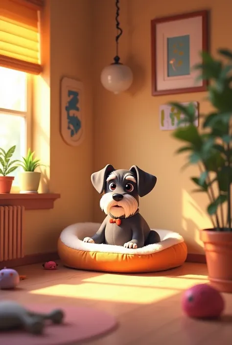 A dog room without the dog in animation format, With dog bed his breed is Mineschnayzes 