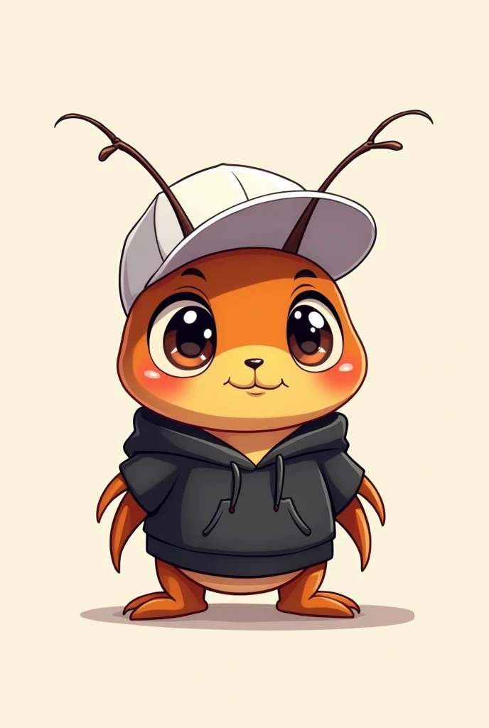 a cute cartoon cockroach looking at the camera wearing a white cap facing backwards and a black hoodie, Chibi Drawing
