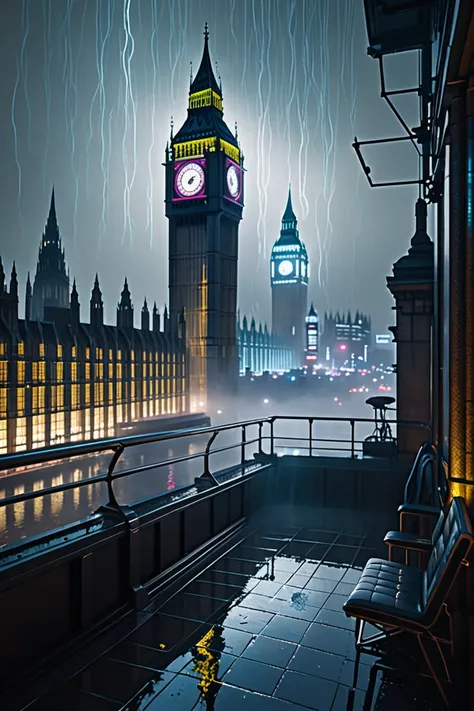 ultra realistic cyberpunk London with big ben light rain low ground fog from high wall perch high detail hyperrealistic 