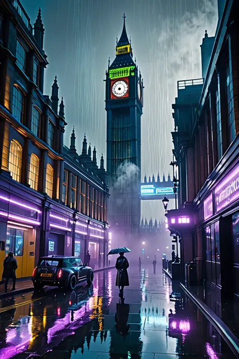 ultra realistic cyberpunk London with big ben light rain low ground fog from high wall perch high detail hyperrealistic 