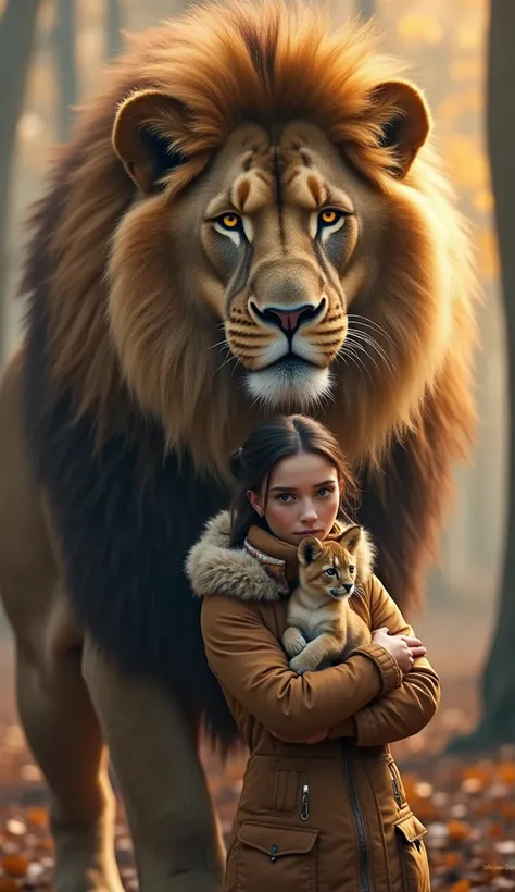 A highly realistic image of a beautiful young woman standing with an extremely large, fluffy white and red lion behind her. The lion looks lifelike with thick, soft fur and glowing golden eyes, giving it a majestic and imposing presence. The woman is holdi...