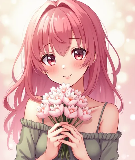 Anime girl with pink hair clutching flowers and casting a sexy look with a pretty smile