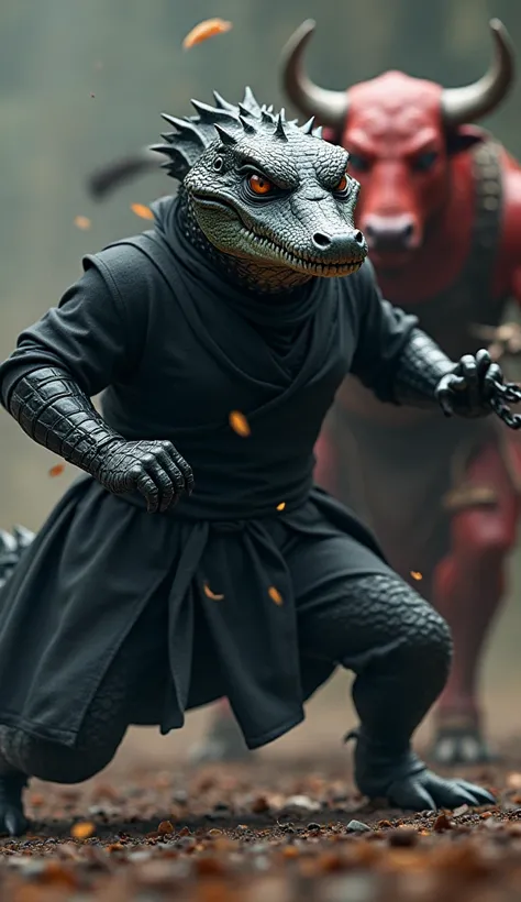 close-up cinematic portrait, a dashing Ninja Crocodile dressed in black ninja fighting against a monster. A red buffalo in a gladiator suit carrying a chain weapon.