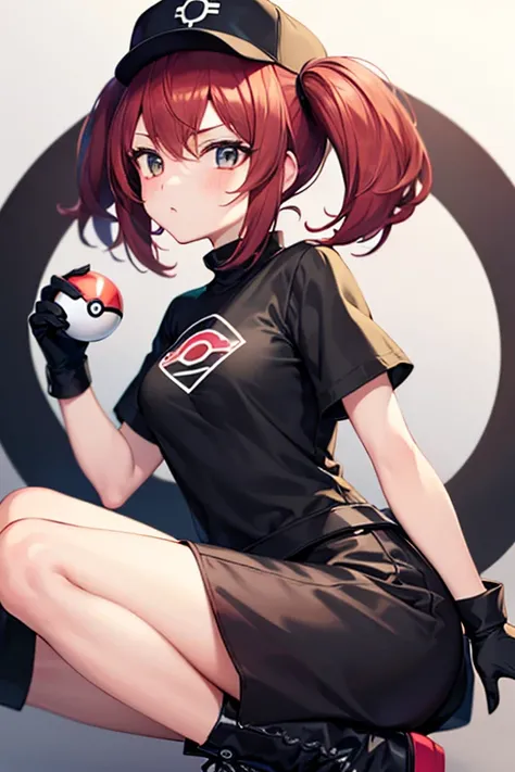 1 girl, Pokémon logo in shirt ,black shirt,  black knuckle-free gloves ,red hair with twin tails hairstyle, short black skirt , black boots.pokeball in hand