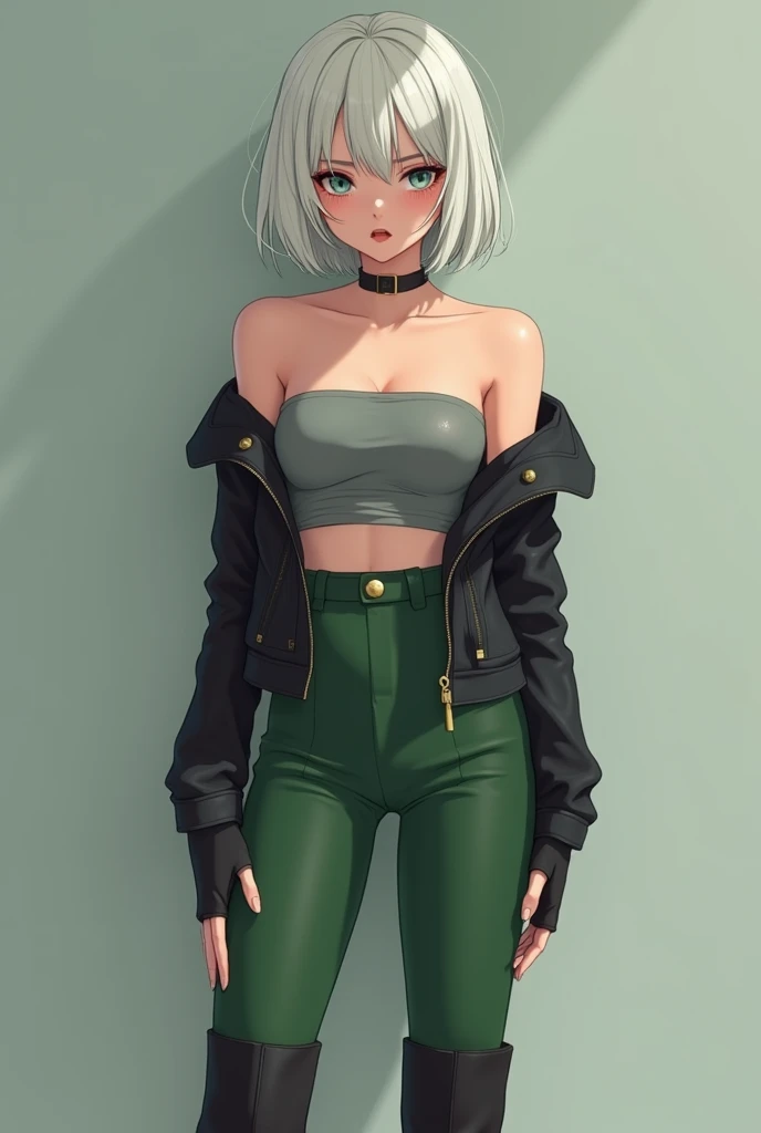 ((Femboy)), Shorthaircut Stylish, adorable, 1 femboy, (face to face), , ((baby face)), (cry sad face expression), full body shot, (face details: 1), (eye details: 1), ((Tiny breasts:1.3)), Cute posed. proportional body. Green leggins, black over the knee b...