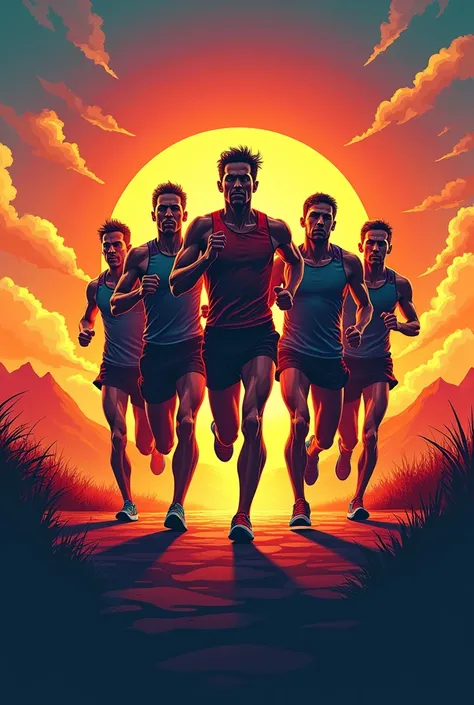 Make a colourful logo for "Marathon Mavericks" with multiple men running in background while sun sets
