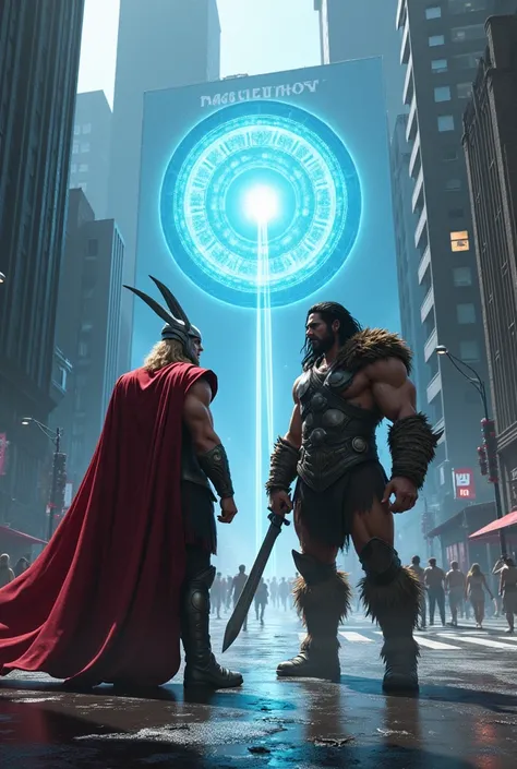 Thor and Conan Barbarian side by side on a city street with tall buildings and a glowing blue ray portal nearby 