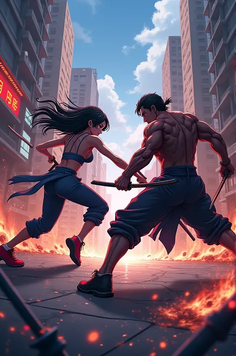 Create a short fight scene using my two creating anime characters make it cinematic 