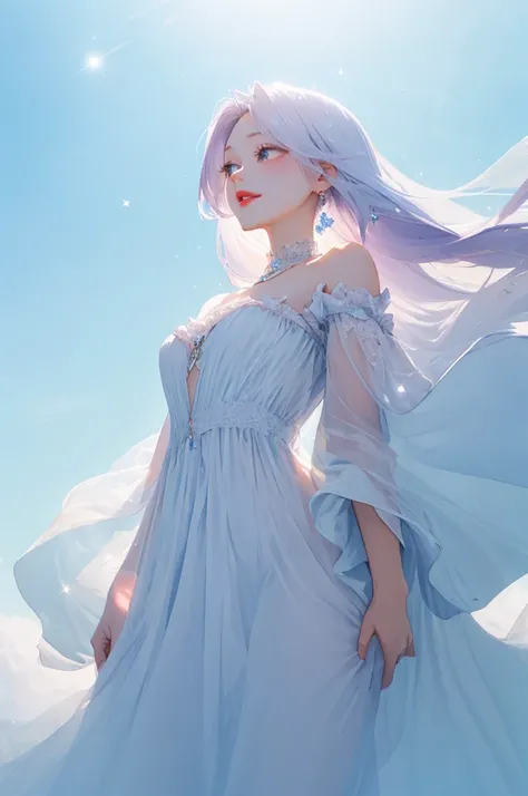 1 Beautiful Girl、 Base Angle Purse、 fresh to the blue sky from below 、Cheerful Eyes 、Jewel pink lips 、 skin texture、shoulder、Take a deep breath、 mist dress 、Frills、Delicate, soft 、 Sparkling Reflections 、 natural blue super long hair、 mist and fusion 、Whit...