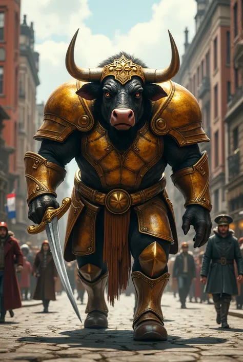 A stingy bull dressed in golden armor with a sword in his hand walking slowly down a London city street