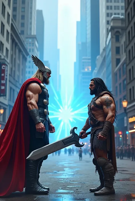 Thor and Conan Barbarian on a city street with tall buildings and a glowing blue ray portal nearby 