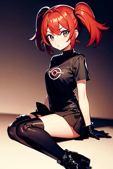 1 girl, Pokémon logo in shirt ,black shirt,  black knuckle-free gloves ,Red hair with Long Twin Tails style hairstyle, short black skirt , black boots.pokeball in hand