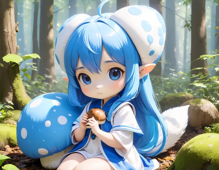 Land of the Dwarfs 、There are a lot of giant mushrooms 、Im under a tree 々 and a giant mushroom much larger than myself 、 Im with the  with the long blue hair that got smaller。 This is a lovely white and blue sexy costume 、Dark Eyes。 a cute forest creature ...