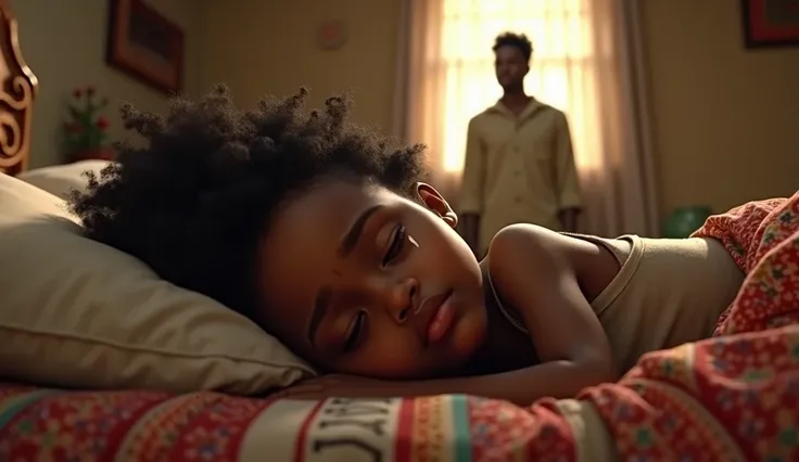 beautiful little african  girl of 10years old, sad with tears dropping from her eyes,sleeping in a bed room with her father