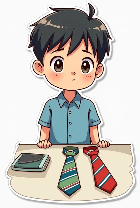 A sticker where a student in a blue shirt will think about which tie to choose between striped red and blue and striped green and white.  with an inscription "Hm..Which tie to choose ?" Not sad ,  attractive 