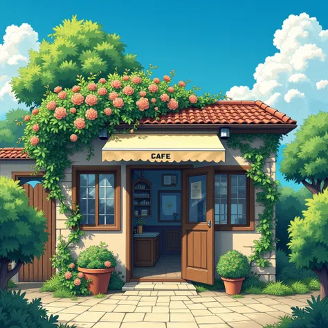 A Matt Bors-style cartoon of a direct view facing the countryside cafe. The cafe door is open. There is an awnings above the cafe door. A sign Cafe hanging on the entrance. The cafe wall is flowing by ivy and flowers. Deep blue sky, blooming clouds.realism...