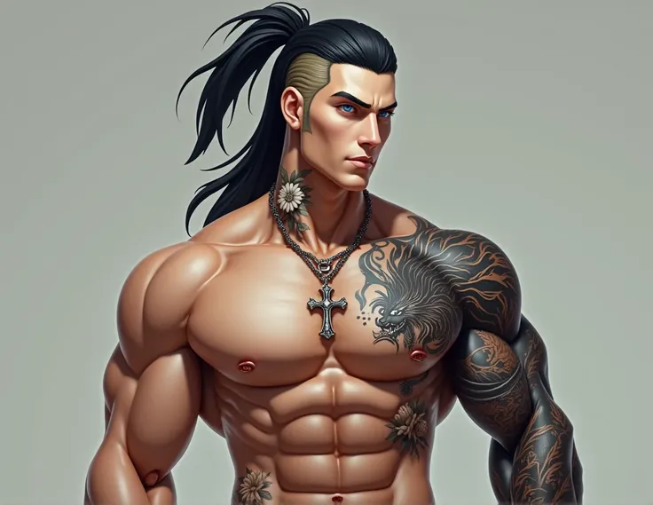  generate an image of a real male character: She has blue eyes ,  long hair that extends below the shoulder, tied in a black pussy ,  on the side of his hair and shaved in a blonde color ,  and is wearing black jeans , a black shoe, shirtless, without shir...