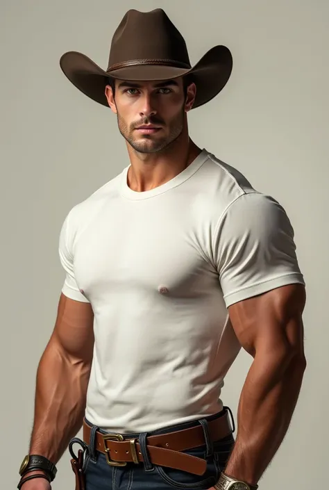  Create a stronger man ,  white with green eyes and brown hair, wearing a hat and white t-shirt ,  in Cowboy style and being young , very handsome and serious 