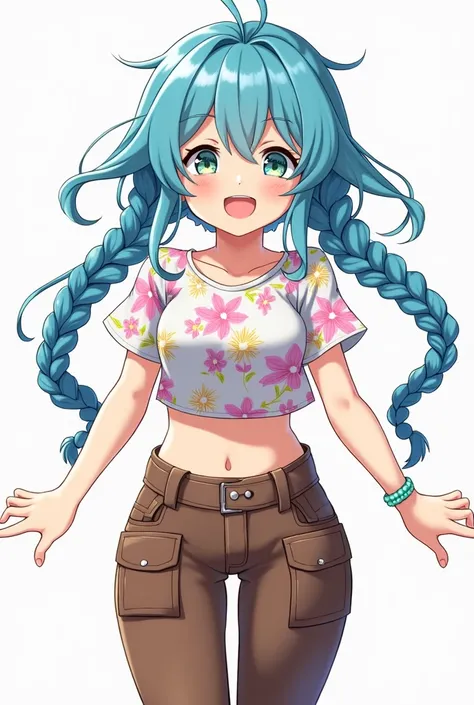  Female anime character, woman, with long blue hair , with two braids in the front ,  with expression and a cheerful and disheveled look ,  wearing a flowery short shirt ,  and brown pants with large pockets and zippers 