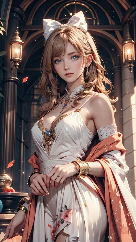  1 girl,  long hair, Light Hair Color, Alluring eyes,  Mysterious Expressions , Mature Appearance, Attractive dress,  Relaxed Dress, Graceful Jewels , Intricate decoration, Magic symbols,  Shiny accessories,  potion , Scroll, Cute accent, bow, ribbon, flow...