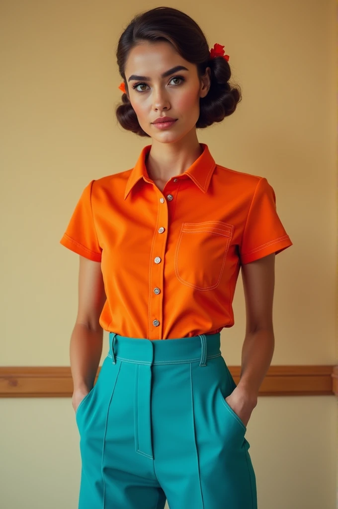  Staff uniform for retro restaurant, colors like orange and turquoise  
