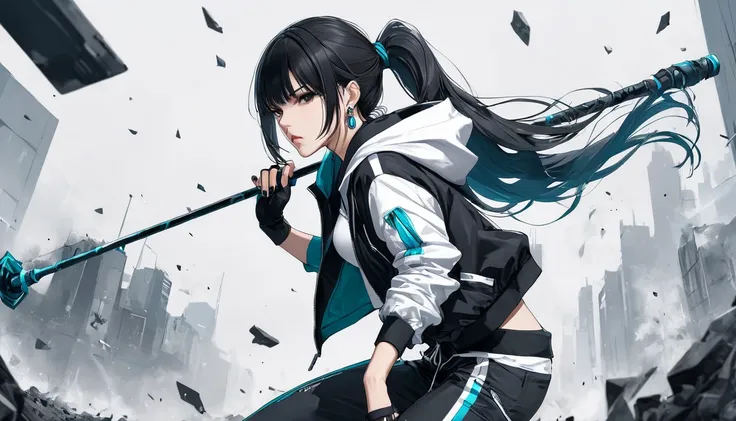 Neo-noir futuristic art style, close up full body view, semi-realistic anime-style of a stylish young woman in an intense combat-ready pose, aged 19, sleek black hair tied in a (((low ponytail))) with (((long bangs))) framing her face. Serious and intense,...