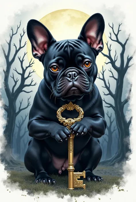  A mesmerizing representation of the text  "BULLDOG MOTOS" on a dark theme . Uma magistral paint em aquarela hiperrealista de Takato Yamamoto, a French bulldog.  He holds a detailed combined key in his hands ,  evoking a mysterious sense of darkness .  The...