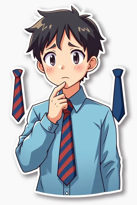 A sticker where a student in a blue shirt will think about which tie to choose between striped red and blue and striped green and white.  Always with an inscription "Hm..Which tie to choose ?" Thinks . 