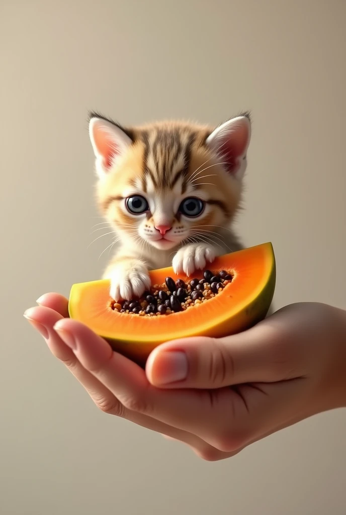 Crime: a tiny kitten cat animal and papaya holding the cat in the palm of your hand 