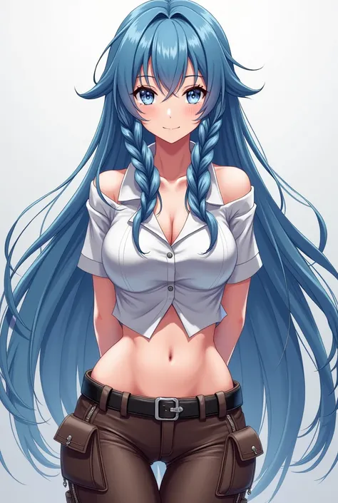  Female anime character, woman, with long blue hair , with two braids in the front , Of expression and a mature and sensual look,  wearing a short shirt ,  and brown pants with large pockets and zippers 