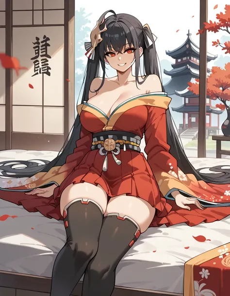 score_9, score_8_up, score_7_up, mlTaiho ,  off shoulder _Short kimono,  long hair ,  black hair,  Twin Tails ,  absolute domain, Wide sleeves,  black thigh high socks,  gigantic_Busty,  hakama short skirt ,  red kimono , red eyes,  hair crossed with bangs...