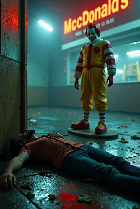 "Horror scene, namely a man shocked under the floor in a state of extreme terror near a strange statue of Ronald McDonald and sitting on a bench. The man has an expression of unreasonable fear, with one hand clutching his chest as he pretends to having a h...